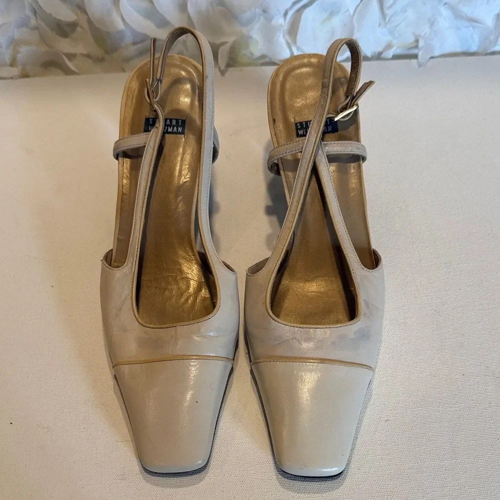 Stuart Weitzman Beige Square-Toe Slingback Pumps